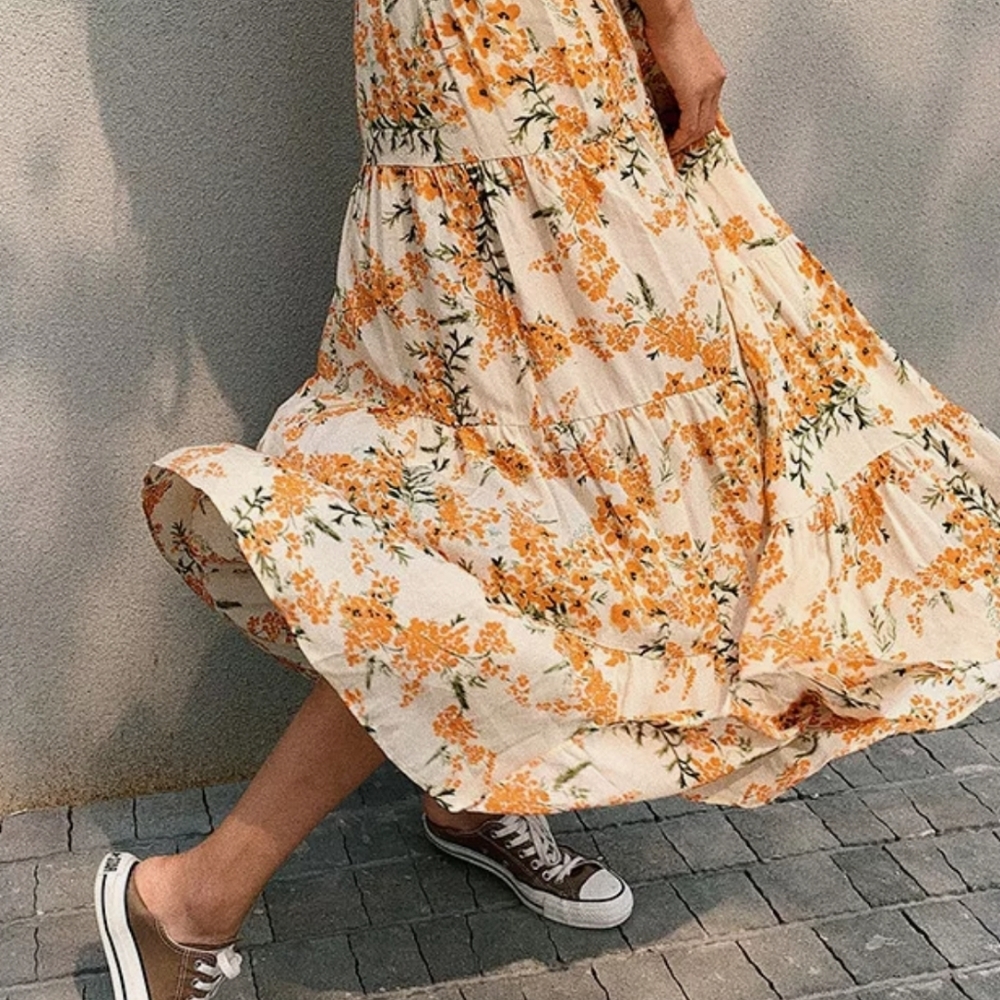 NWT Mombasa rose Floral maxi dress orange Sze L Bohomeian ruffled tiered summer - Picture 3 of 10